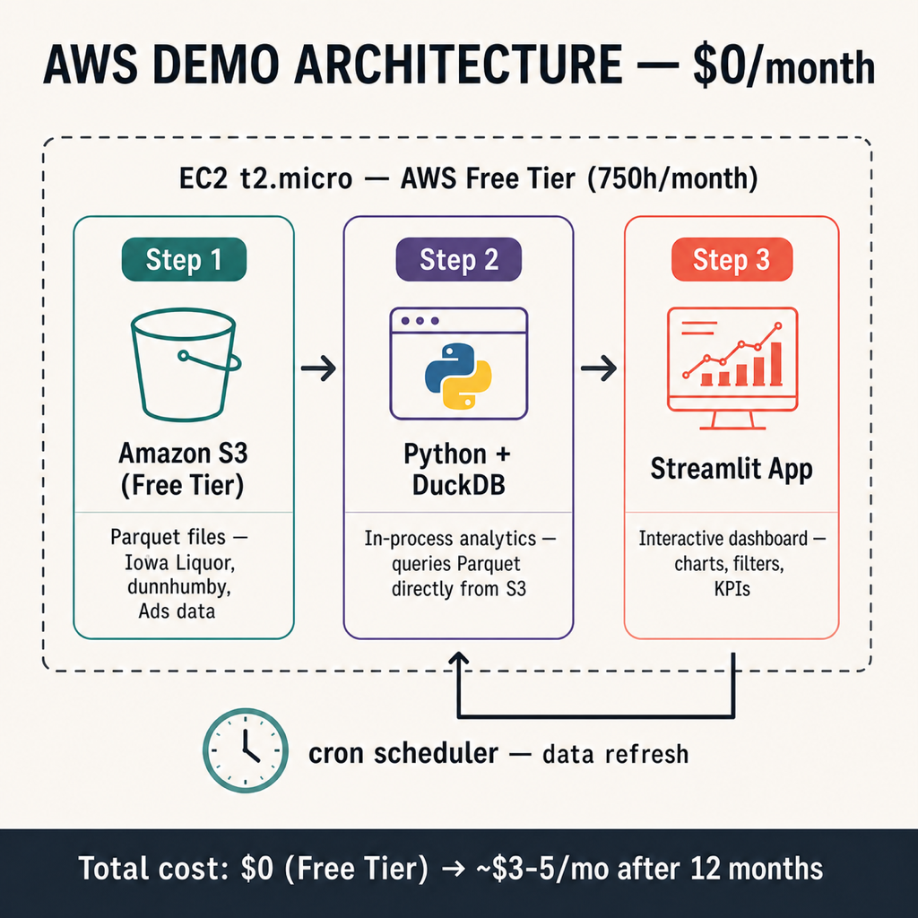 Architecture du démonstrateur AWS avec S3, DuckDB et Streamlit sur une instance EC2 t2.micro