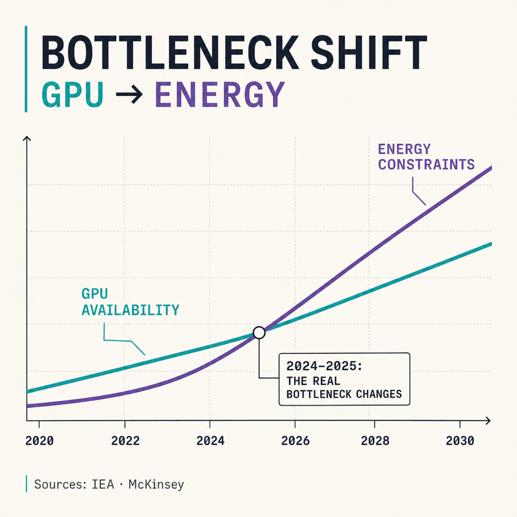 Déplacement du goulot d’étranglement, des GPU vers la capacité électrique, entre 2020 et 2030