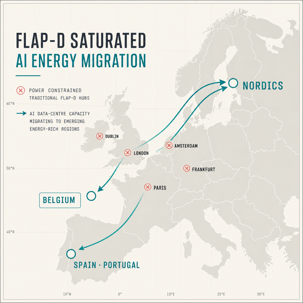 Carte du déplacement des infrastructures IA européennes au-delà des marchés FLAP-D saturés